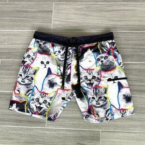 Cat Lover's WALNUT & 39th Board Shorts Men's XL White Black Neon Trimmed Cats